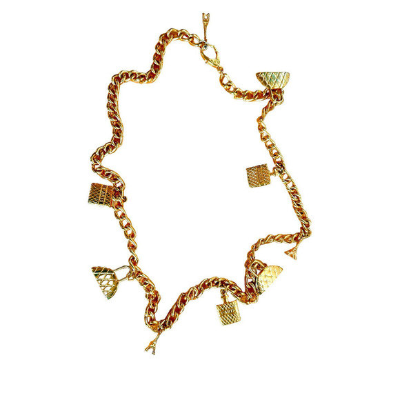 VTG Long Curb Link Paris Themed Charm Necklace Gold Tone w/ Jumbo Lobster Claw